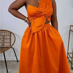Chic Orange One-Shoulder Dress with Bow